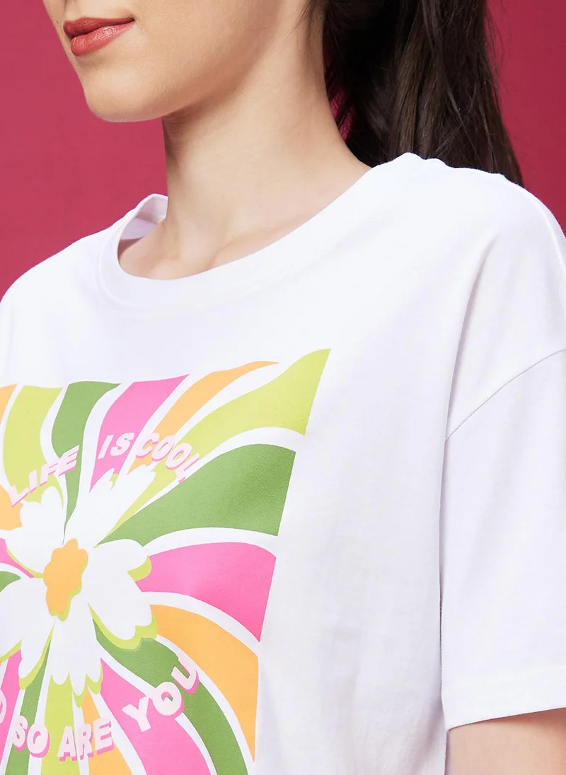 globus Globus Women White Floral Print Drop-Shoulder Sleeves Boxy T-shirt